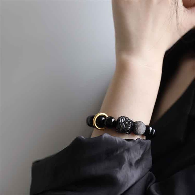 Buddha Stones Black Obsidian Silver Sheen Obsidian Lion Strength Bracelet - image 4