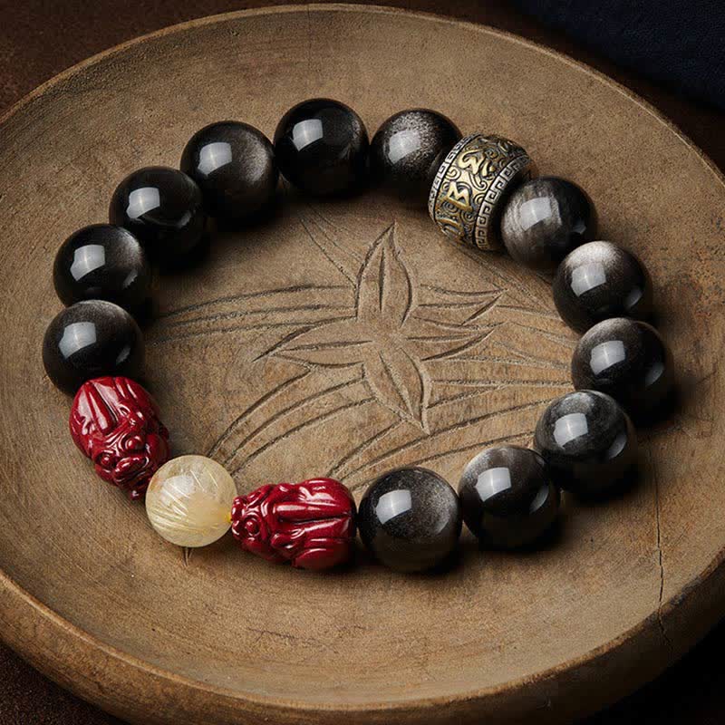 Buddha Stones Gold Sheen Obsidian PiXiu Cinnabar Om Mani Padme Hum Protection Bracelet - Gold Sheen Obsidian (Protection ♥ Relax) - image 0