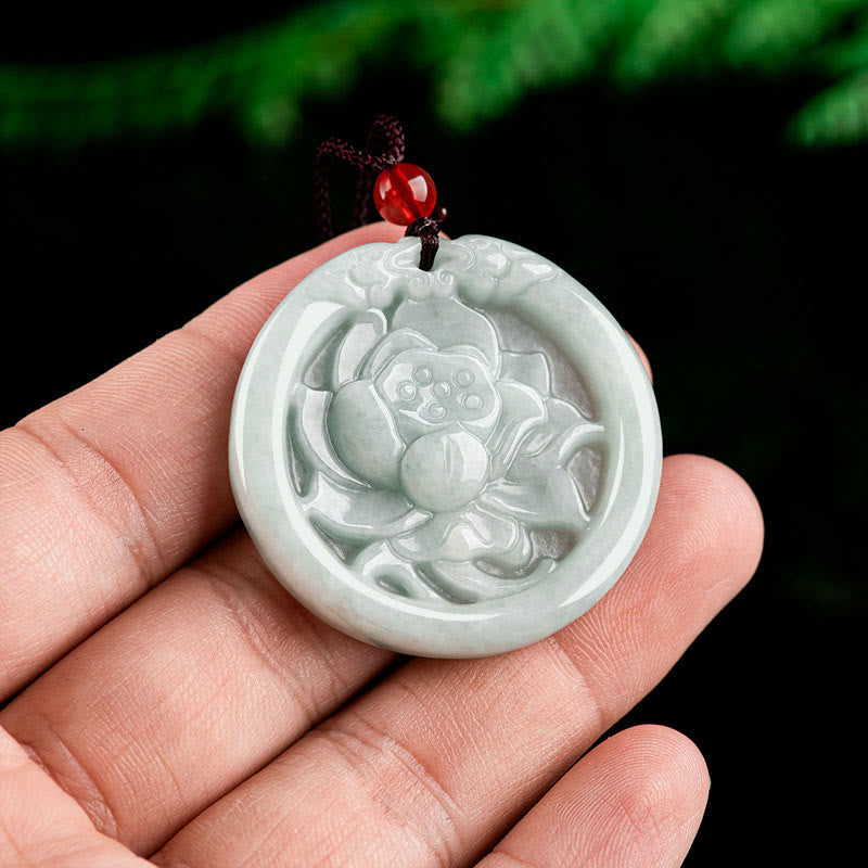Buddha Stones Natural Jade Lotus Flower Carved Prosperity Necklace Pendant - image 6