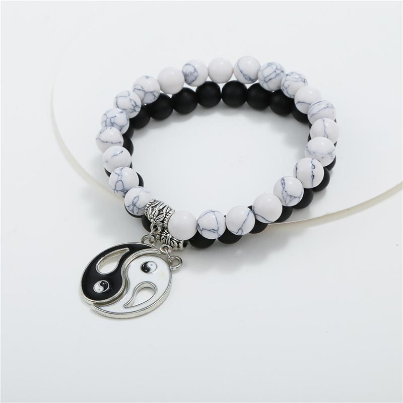 Buddha Stones 2pcs Natural Black Onyx White Turquoise Bead Yin Yang Couple Bracelet - image 5
