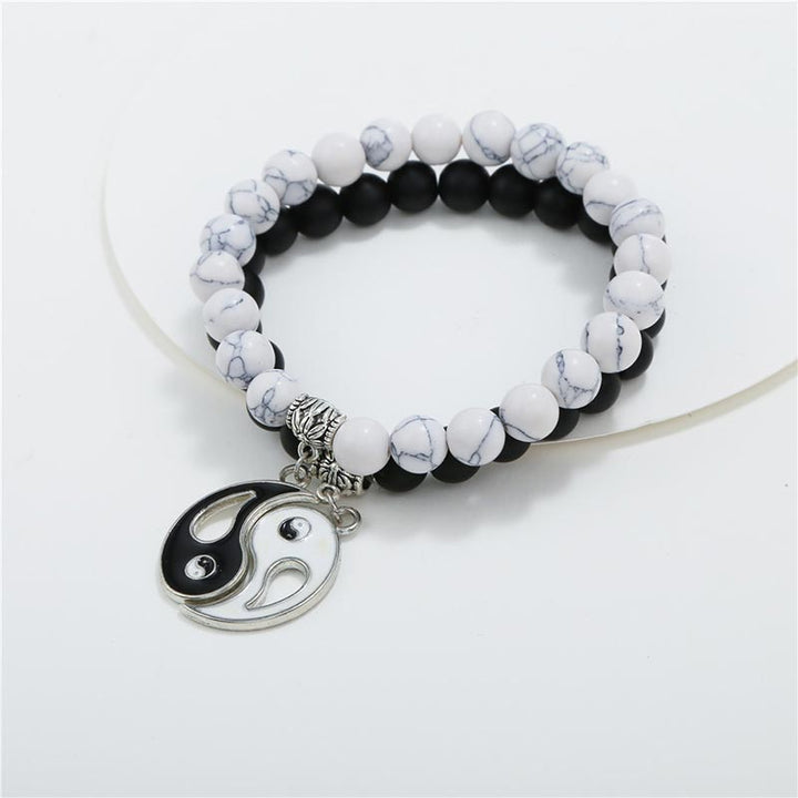 Buddha Stones 2pcs Natural Black Onyx White Turquoise Bead Yin Yang Couple Bracelet - image 5