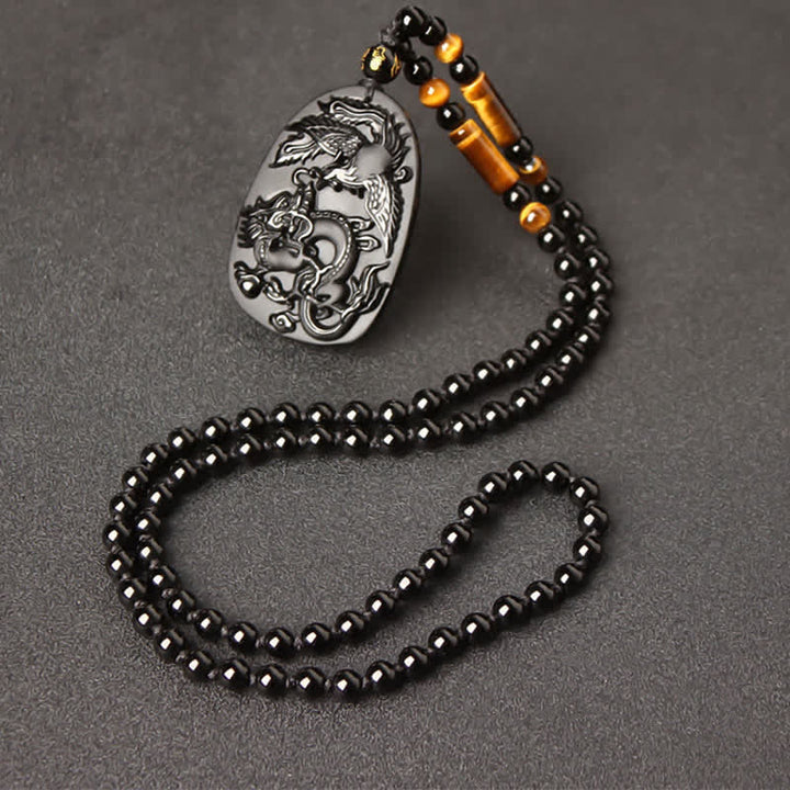 Buddha Stones Black Obsidian Tiger Eye Dragon Phoenix Protection Beaded Necklace Pendant - Obsidian Tiger Eye Bead Chain - image 11