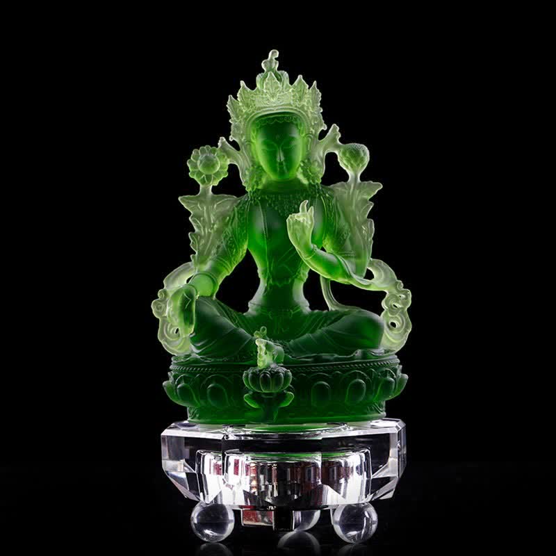 Buddha Stones Bodhisattva Green Tara Handmade Liuli Crystal Art Piece Protection Home Office Statue Decoration - 8*6*12.8cm - Green Tara&Base - image 12