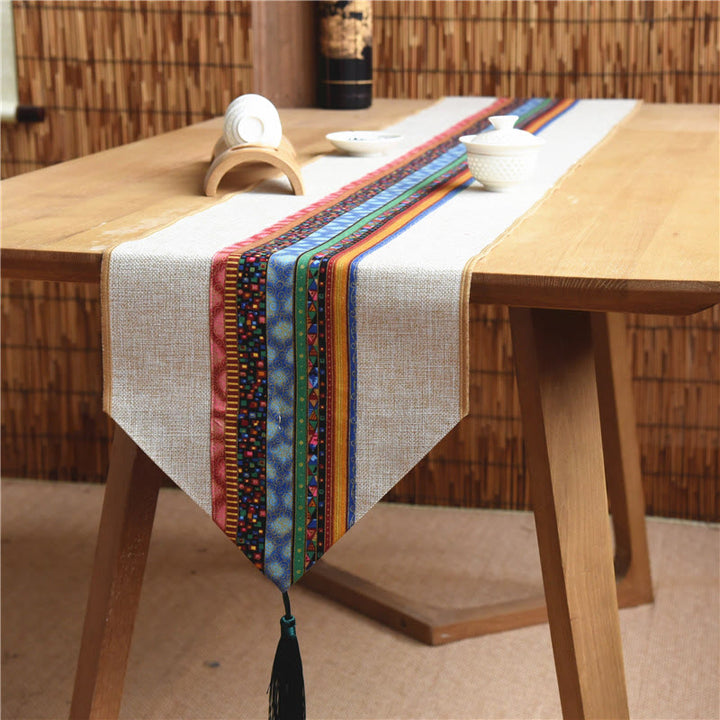 Buddha Stones Classic Chinese Style Lotus Koi Fish Flower Crane Calligraphy Enlightenment Cotton Linen Tassels Table Runner - Beige Colorful - 30*180cm - image 0