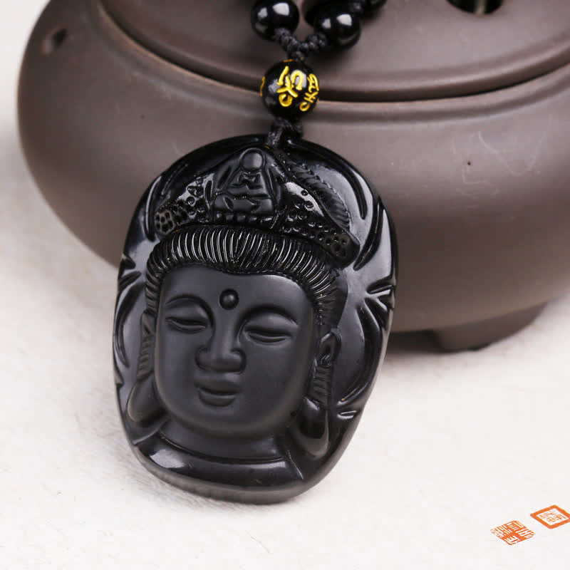 Buddha Stones Natural Black Obsidian Kwan Yin Avalokitesvara Strength String Necklace Pendant - image 8