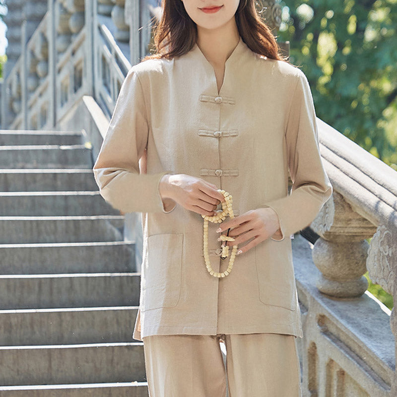 Buddha Stones Spiritual Zen Practice Yoga Meditation Prayer Uniform Cotton Linen Clothing Women's Set - Khaki - US18，UK/AU22，EU50 (6XL) - image 10