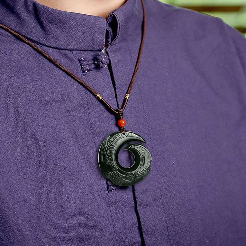 Buddha Stones One's Luck Improves Design Patern Natural Hetian Cyan Jade Success Necklace Pendant - image 5