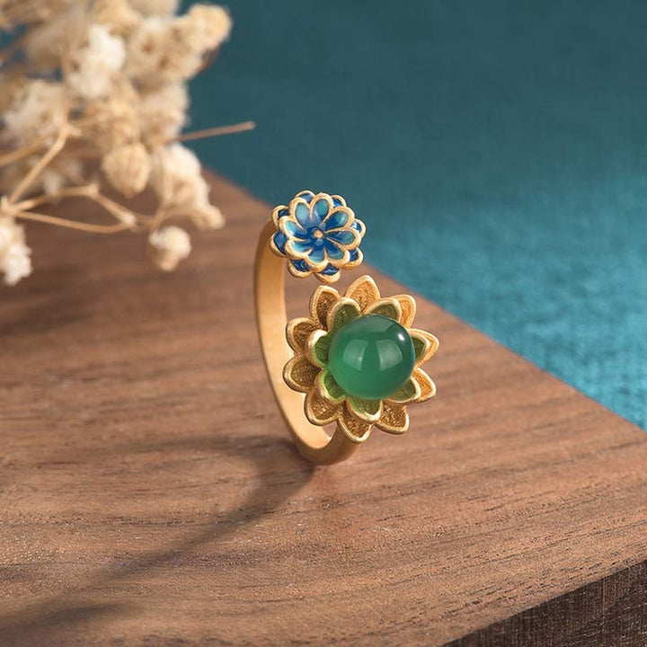 Buddha Stones Lotus Pattern Jade Abundance Adjustable Ring - image 3