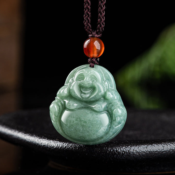 Buddha Stones Laughing Buddha Cyan Jade Success Necklace String Pendant - image 5