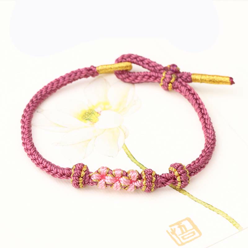 Buddha Stones Handmade Three Peach Blossoms Luck Eight Strands Braided String Bracelet - Pink(Wrist Circumference 14-19cm) - image 6