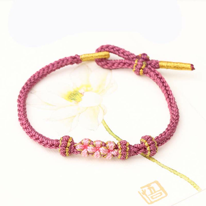Buddha Stones Handmade Three Peach Blossoms Luck Eight Strands Braided String Bracelet - Pink(Wrist Circumference 14-19cm) - image 6