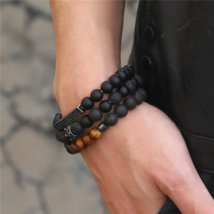 Buddha Stones 3Pcs Frosted Stone Lava Rock Tiger Eye Activate Bracelet - image 2