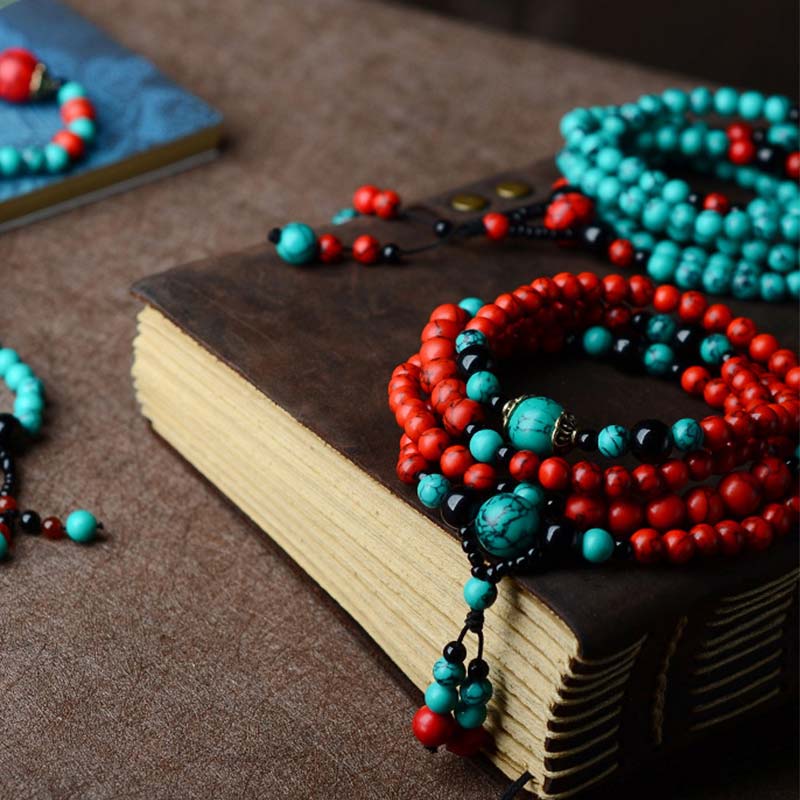 Buddha Stones Turquoise Black Onyx Red Turquoise Bead Protection Bracelet - image 1
