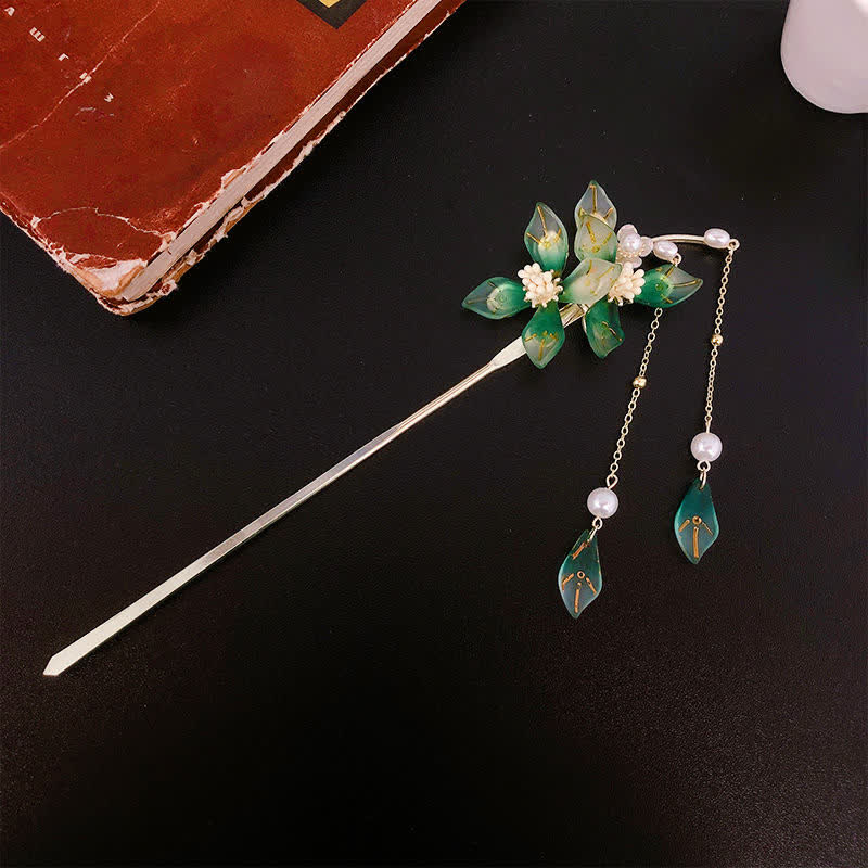 Flower Leaf Pearl Peace Tassel Hairpin - image 8