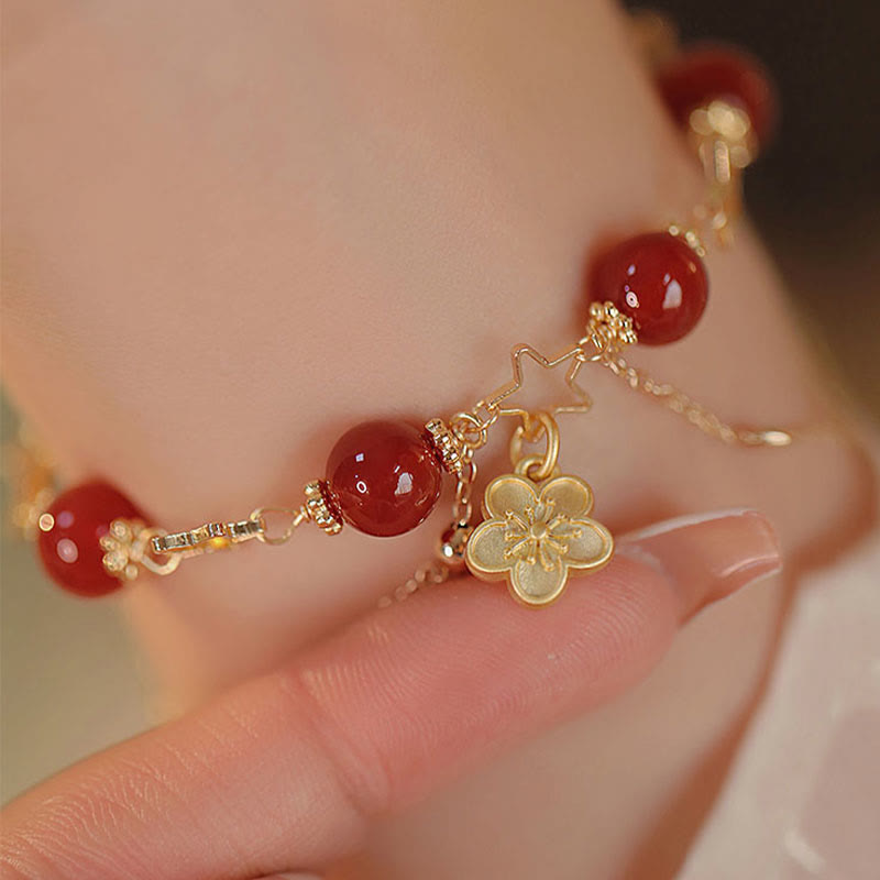 Buddha Stones 14k Gold Plated Red Agate Star Flower Charm Calm Bracelet - image 5