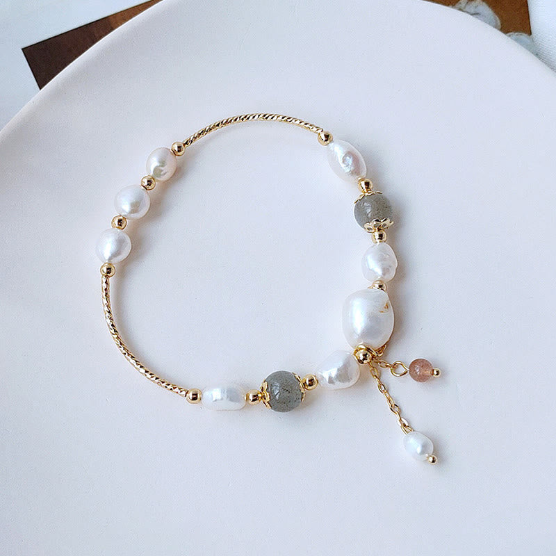 Buddha Stones Pearl Moonstone Strawberry Quartz Bead Optimism Bracelet - Pearl&Moonstone - image 0