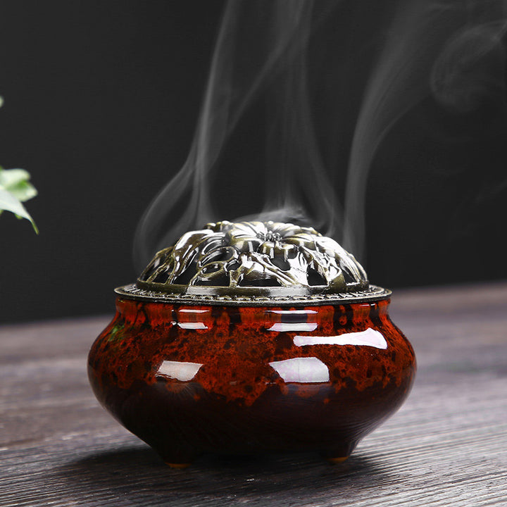 Buddha Stones Flower Pattern Ceramic Blessing Meditation Incense Burner Decoration - Red - image 0