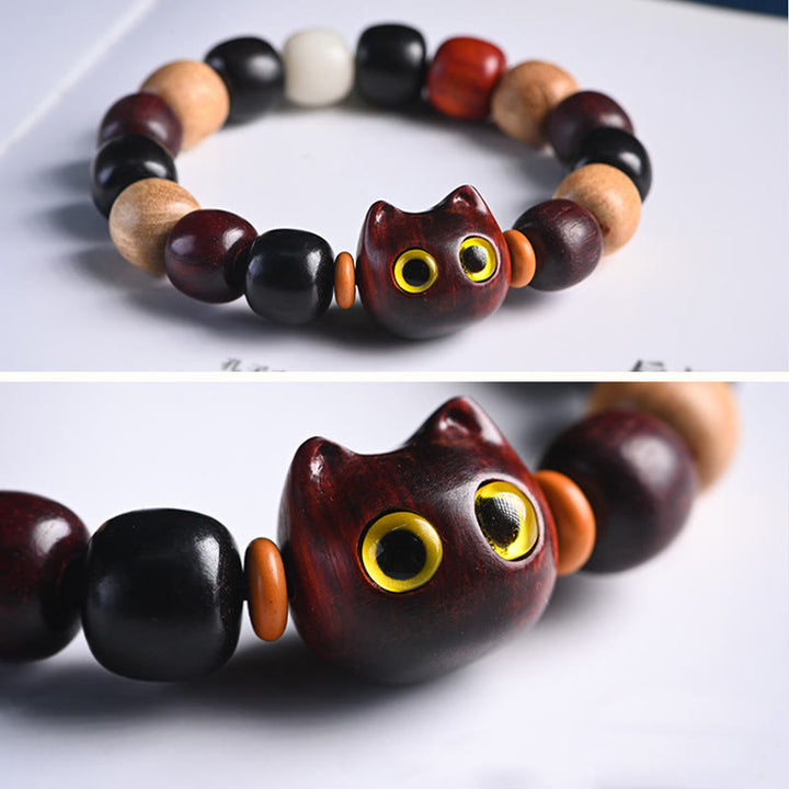 Buddha Stones Small Leaf Red Sandalwood Ebony Wood Cute Cat Engraved Protection Bracelet - image 6