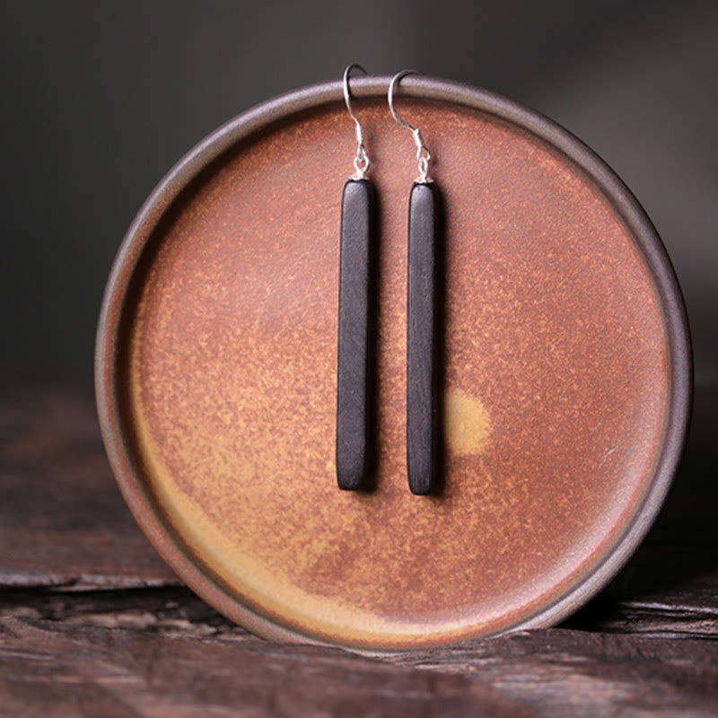 Buddha Stones 925 Sterling Silver Ebony Wood Texture Balance Peace Drop Dangle Earrings - image 2