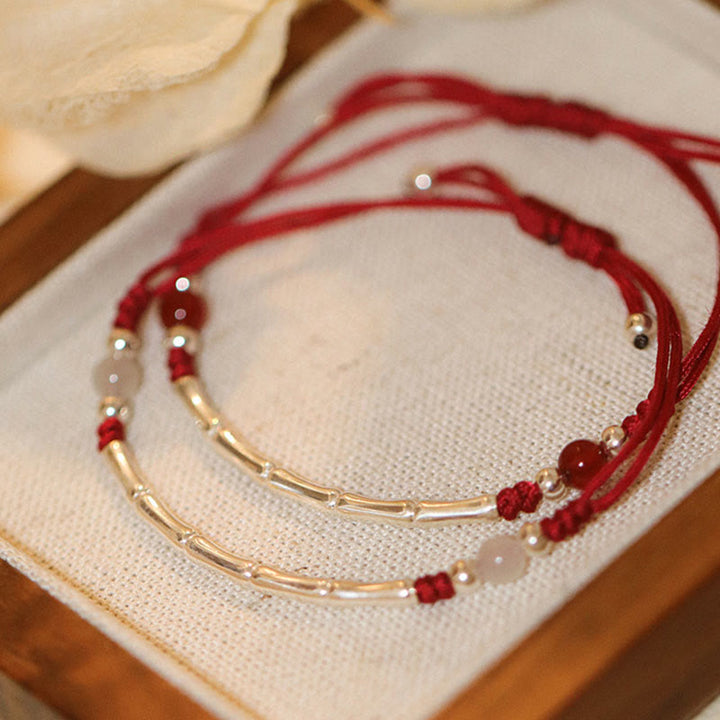 Buddha Stones 925 Sterling Silver Bamboo White Agate Red Agate Bead Protection String Braided Bracelet - image 0