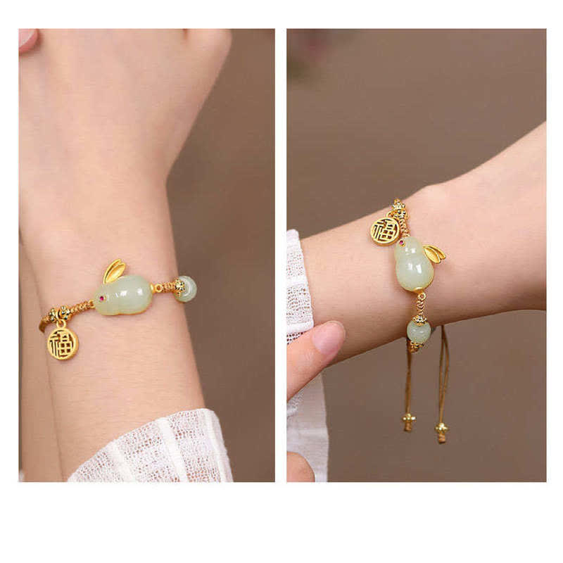 Buddha Stones Year of the Rabbit Hetian Jade Happiness Blessing Wealth String Bracelet - image 4