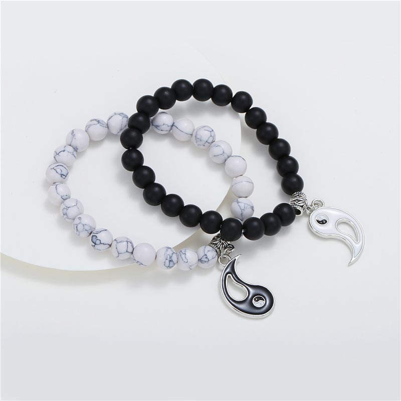 Buddha Stones 2pcs Natural Black Onyx White Turquoise Bead Yin Yang Couple Bracelet - image 4