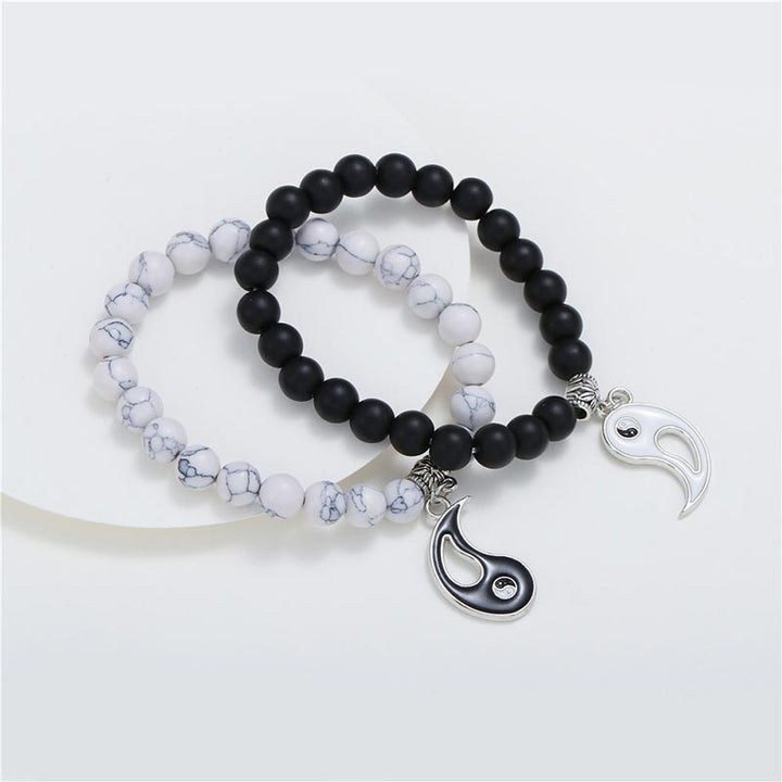 Buddha Stones 2pcs Natural Black Onyx White Turquoise Bead Yin Yang Couple Bracelet - image 4