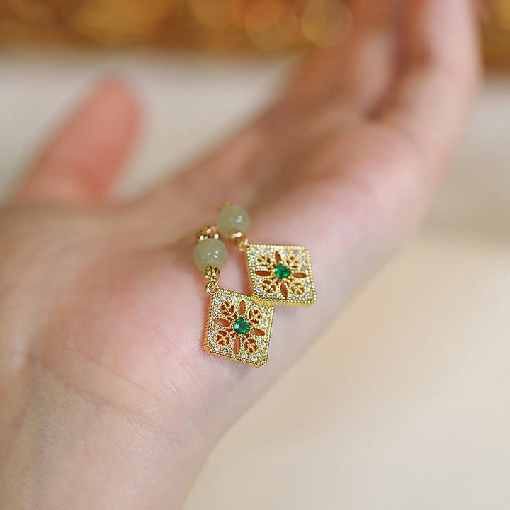 Buddha Stones Natural Hetian Jade Bead Square Pattern Luck Chain Bracelet - image 5