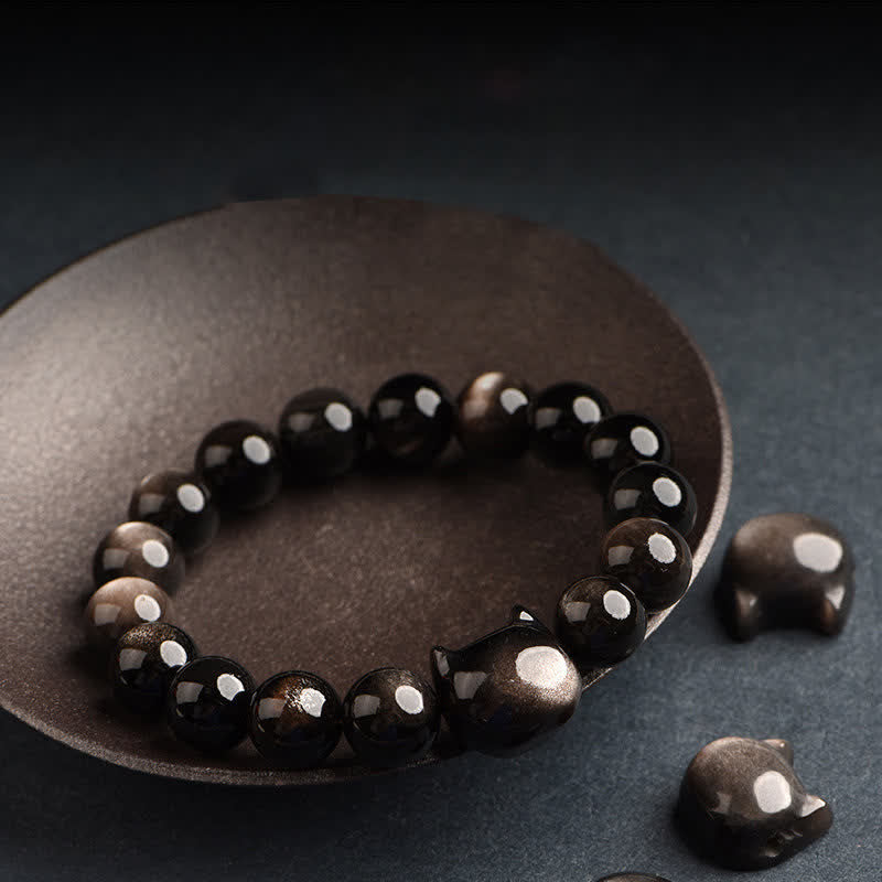 Buddha Stones Gold Sheen Obsidian Silver Sheen Obsidian Lovely Paw Lucky Cat Protection Bracelet - image 26