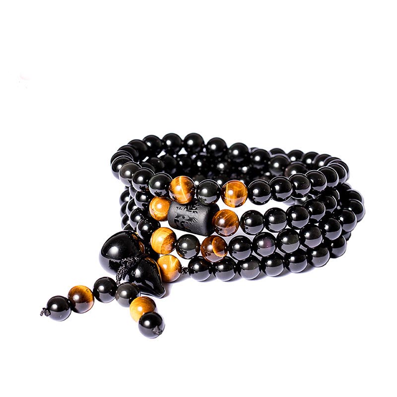 Buddha Stones Natural Black Obsidian Rainbow Obsidian Gourd Blessing Bracelet Mala - image 5