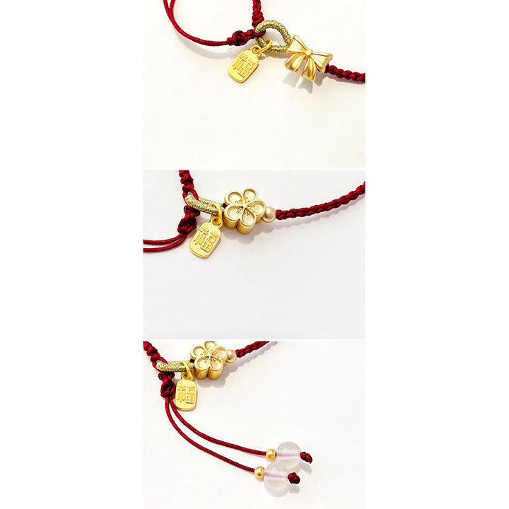 Buddha Stones Handmade Peach Blossom Rosette Bow Knot Fu Character Charm Luck Fortune Red Rope Bracelet - image 9