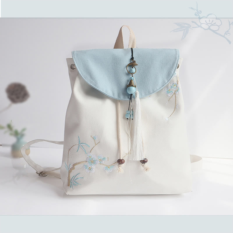 Buddha Stones Handmade Embroidered Large Capacity Canvas Backpack - Plum Blossom Bamboo - image 41