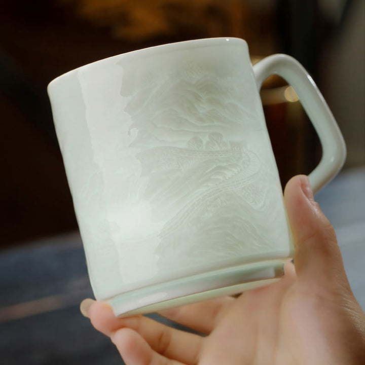 Buddha Stones Jingdezhen White Porcelain Handmade Great Wall Landscape Engraved Ceramic Teacup Office Mug Tea Cups - image 6