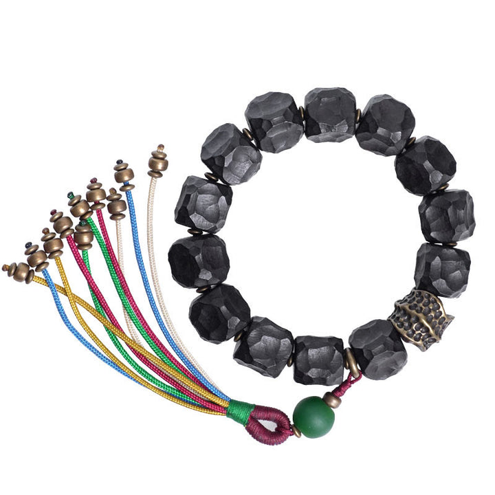 Buddha Stones Tibet Ebony Wood Copper Peace Tassel Wrist Mala Bracelet - image 12