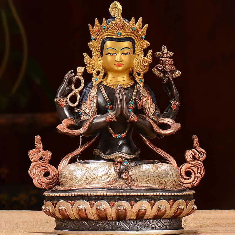 Buddha Stones Bodhisattva Chenrezig Four-armed Avalokitesvara Protection Copper Statue Decoration - image 2