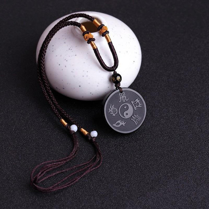 Buddha Stones Natural Black Obsidian Taoism Five Sacred Mountains Nine-Character Mantra Carved Strength Yin Yang Necklace Pendant Key Chain - image 2