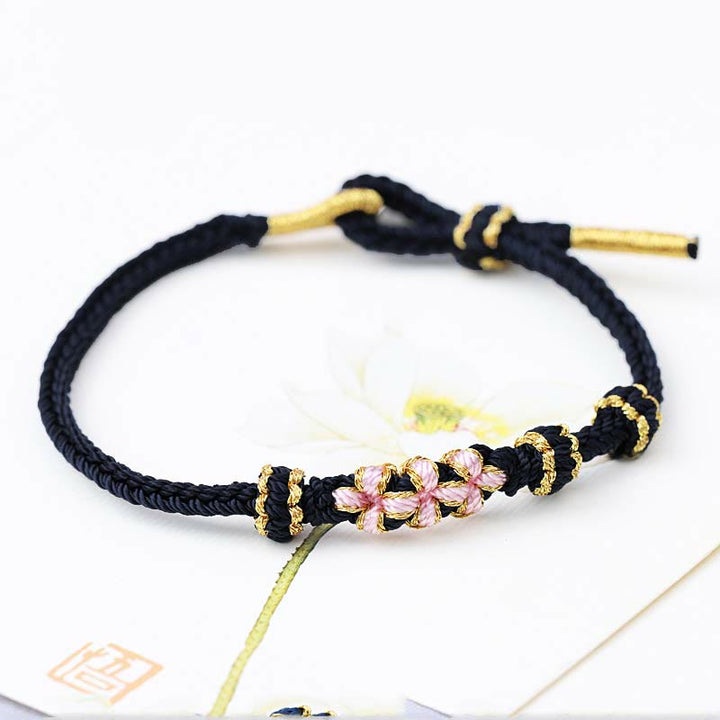 Buddha Stones Handmade Three Peach Blossoms Luck Eight Strands Braided String Bracelet - Black(Wrist Circumference 14-19cm) - image 12