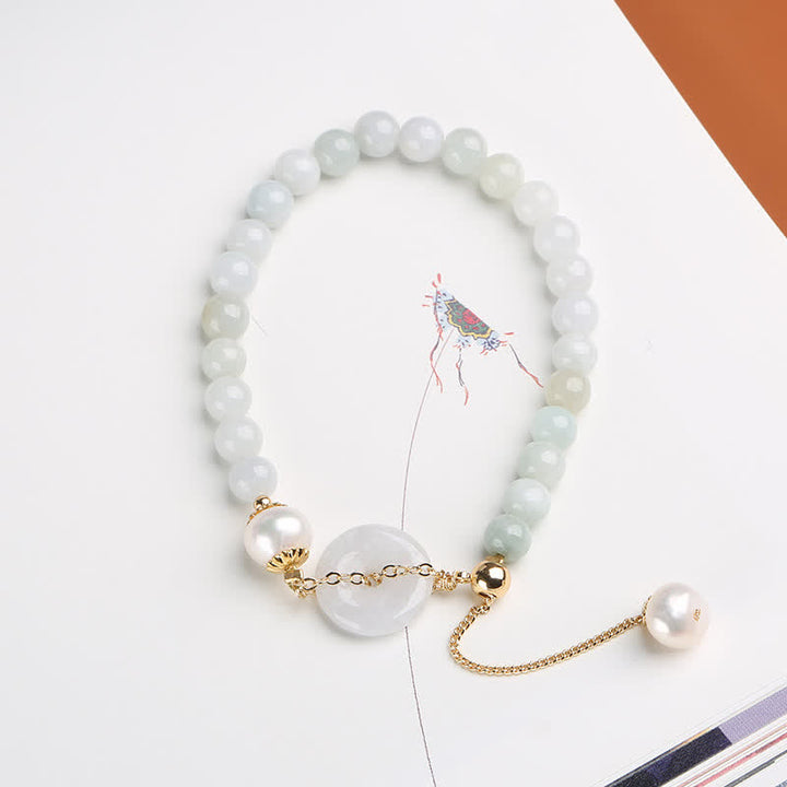 Buddha Stones Natural Jade Pearl Peace Buckle Prosperity Luck Bracelet - image 1