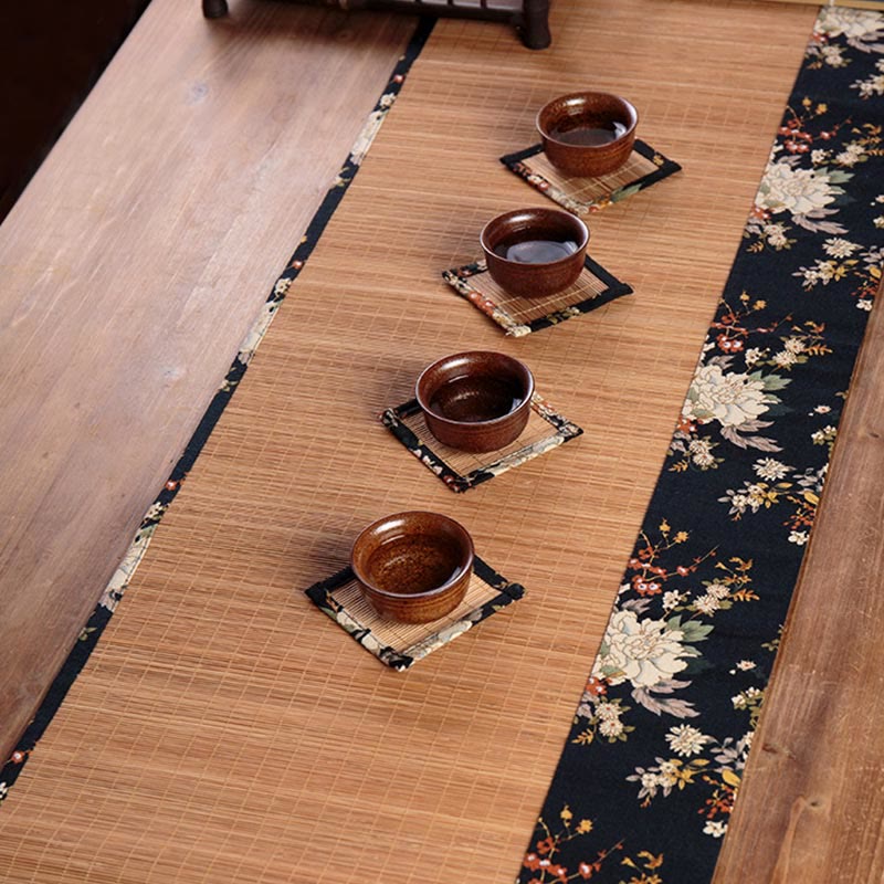 Buddha Stones Vintage Peony Flower Blossom Bamboo Cup Mat Pad Tea Cup Coaster Kung Fu Tea Mat - image 2