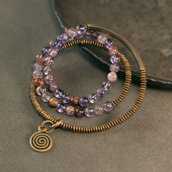 Buddha Stones Purple Phantom Red Hematoid Quartz Green Rutilated Quartz Copper Love Forgive Bracelet - Purple Phantom - 17-17.5cm - image 0