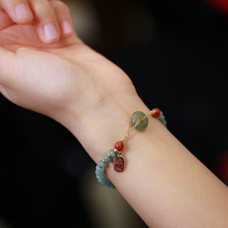 Buddha Stones Natural Hetian Jade Red Agate Peace Buckle Lucky Fortune Bracelet - image 2