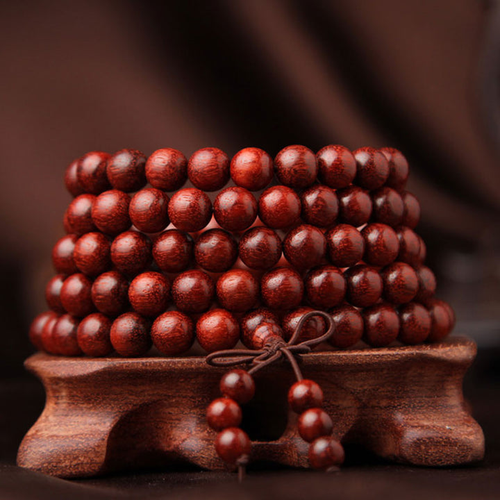Buddha Stones Tibetan Small Leaf Red Sandalwood 108 Beads Mala Meditation Bracelet - image 2