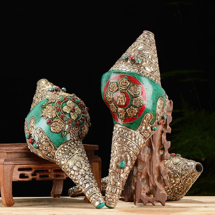 Buddha Stones Tibetan Handmade Engraved Shankha Double Dorje Buddha Conch Shell Wealth Positive Decoration - image 1