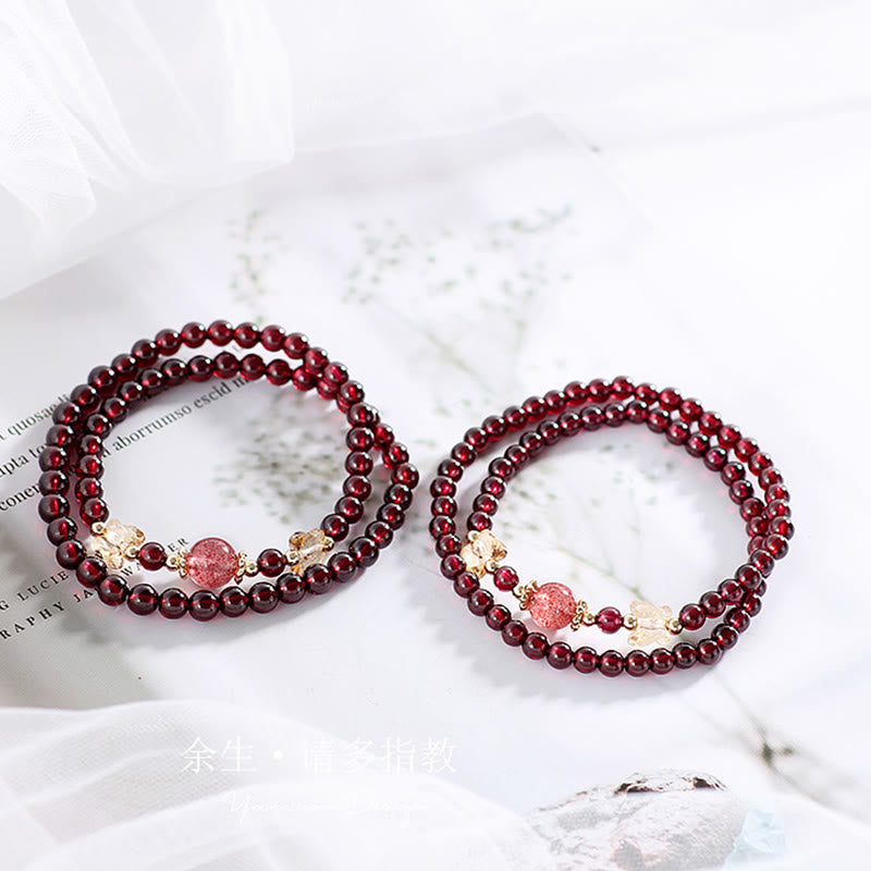 Buddha Stones 14K Gold Plated Natural Garnet Strawberry Quartz Butterfly Protection Double Wrap Bracelet - image 1