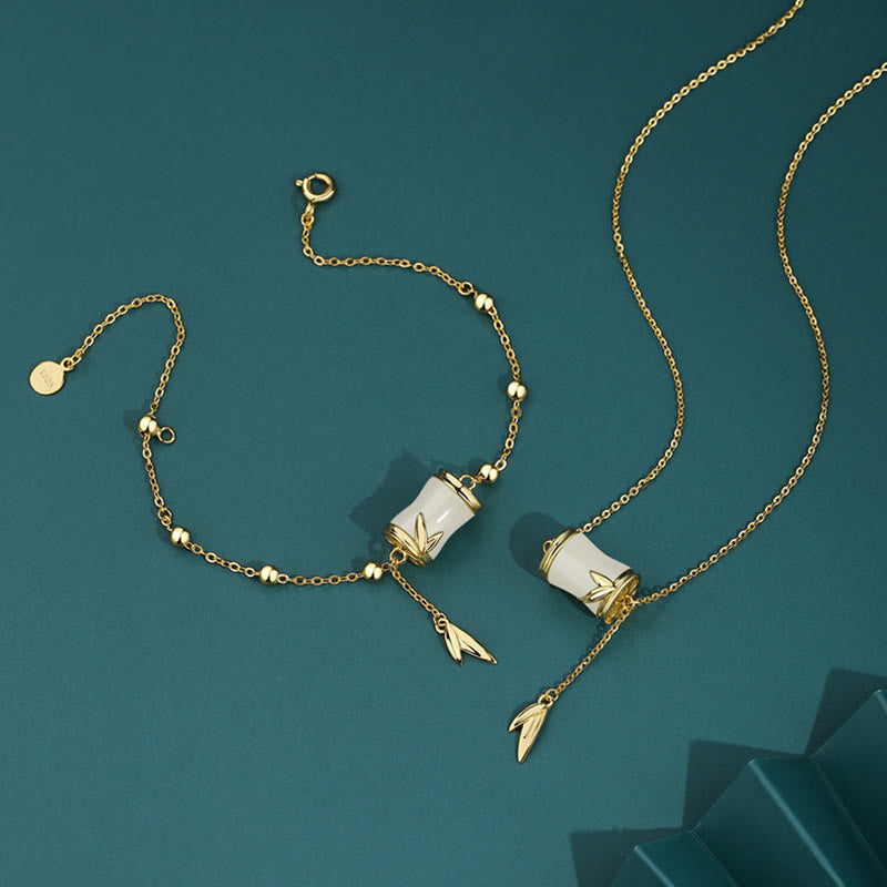 Buddha Stones 925 Sterling Silver 22K Gold Hetian White Jade Bamboo Leaf Luck Necklace Pendant Bracelet - image 0