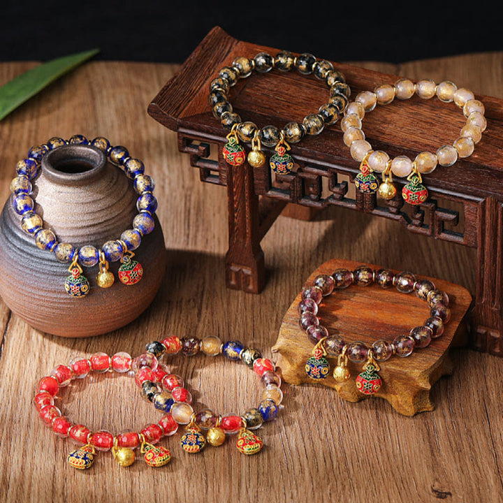 Buddha Stones Gold Swallowing Beast Family Charm Gold Silver Foil Liuli Glass Bead Blessings Bracelet - image 0