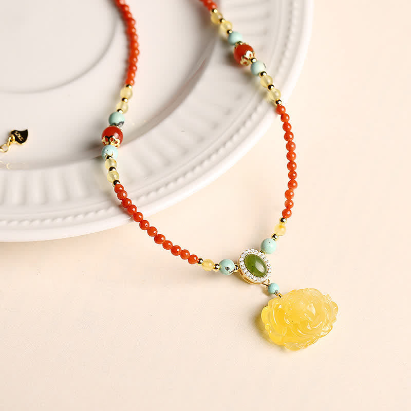 925 Sterling Silver Natural Red Agate Amber Peony Confidence Charm Necklace Pendant - image 1