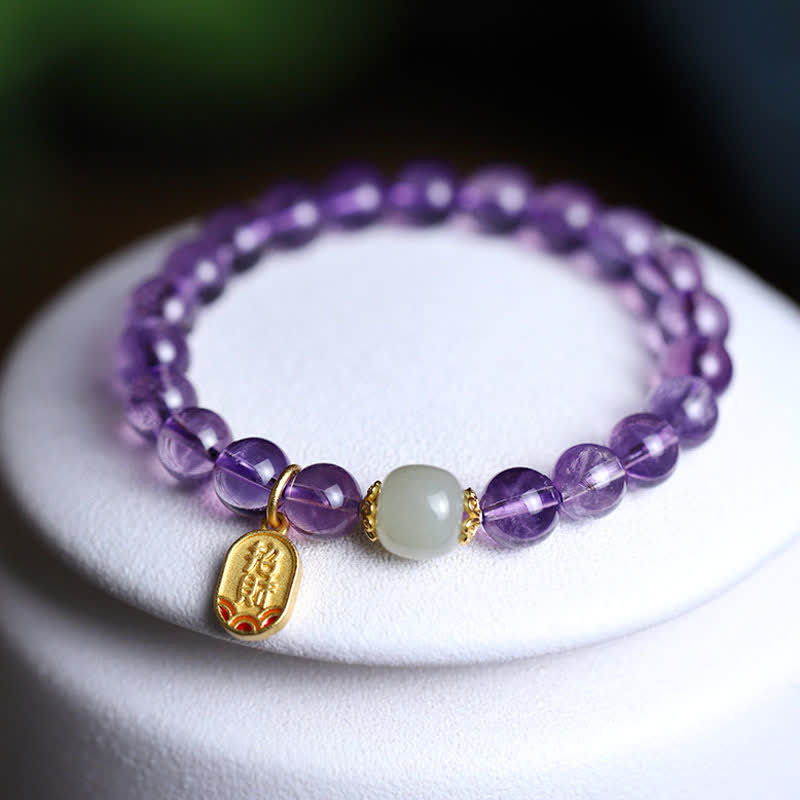 Buddha Stones Natural Amethyst Crystal Hetian Jade Healing Charm Bracelet - Amethyst (Spiritual Awareness ♥ Inner Peace) - image 0