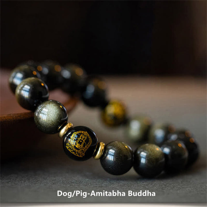 Buddha Stones Chinese Zodiac Natal Buddha Gold Sheen Obsidian Wealth Protection Bracelet - Dog/Pig-Amitabha Buddha - image 19
