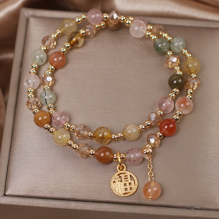 Buddha Stones Multicolored Rutilated Quartz Fu Character Auspiciousness Bracelet - image 1